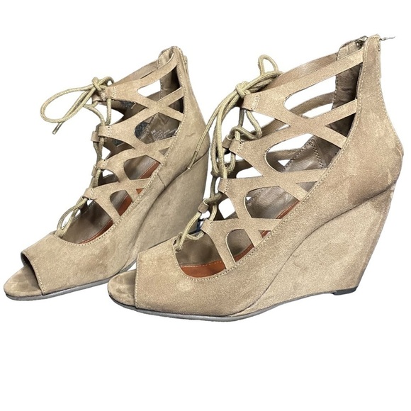 MIA Shoes - MIA Maris Faux Suede Lace Up Wedge Gladiator Sandals Tan Size 9